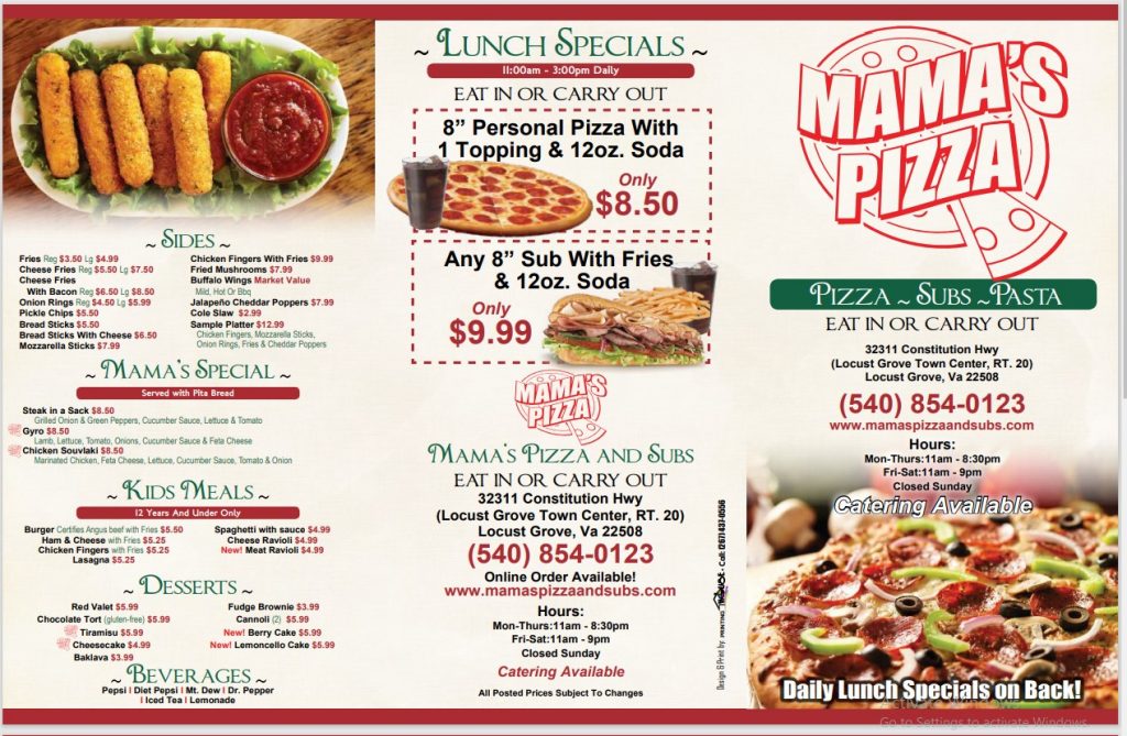 Mama's shop pizza menu